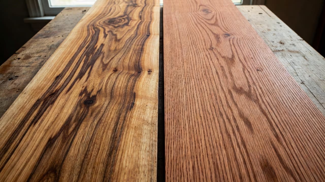 Two textured wood planks rest side-by-side on a rustic workbench. The left piece features the bold, irregular grain patterns of hickory, while the right displays the consistent, tight grain of oak.