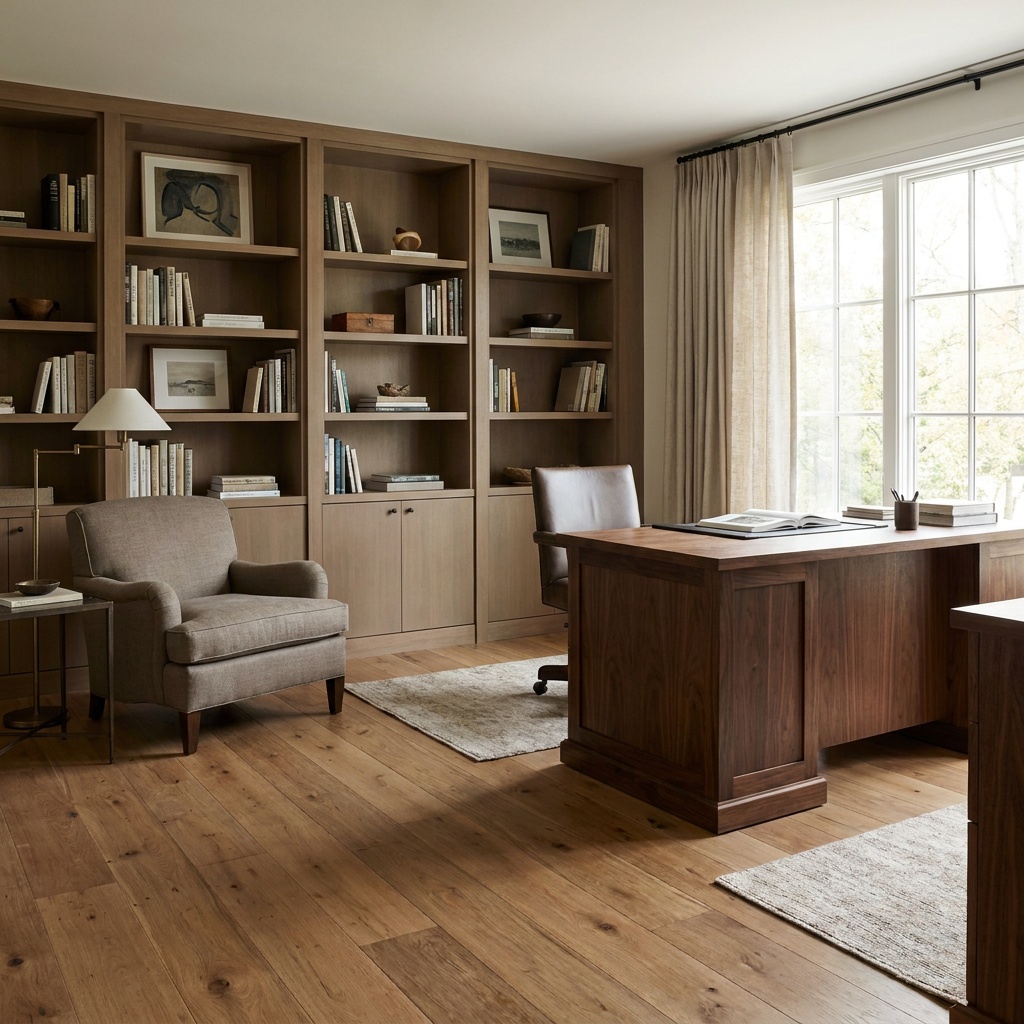 An elegant home office with warm hardwood flooring, a wood desk, bookshelves and an office chair, natural light — Cumming, GA
