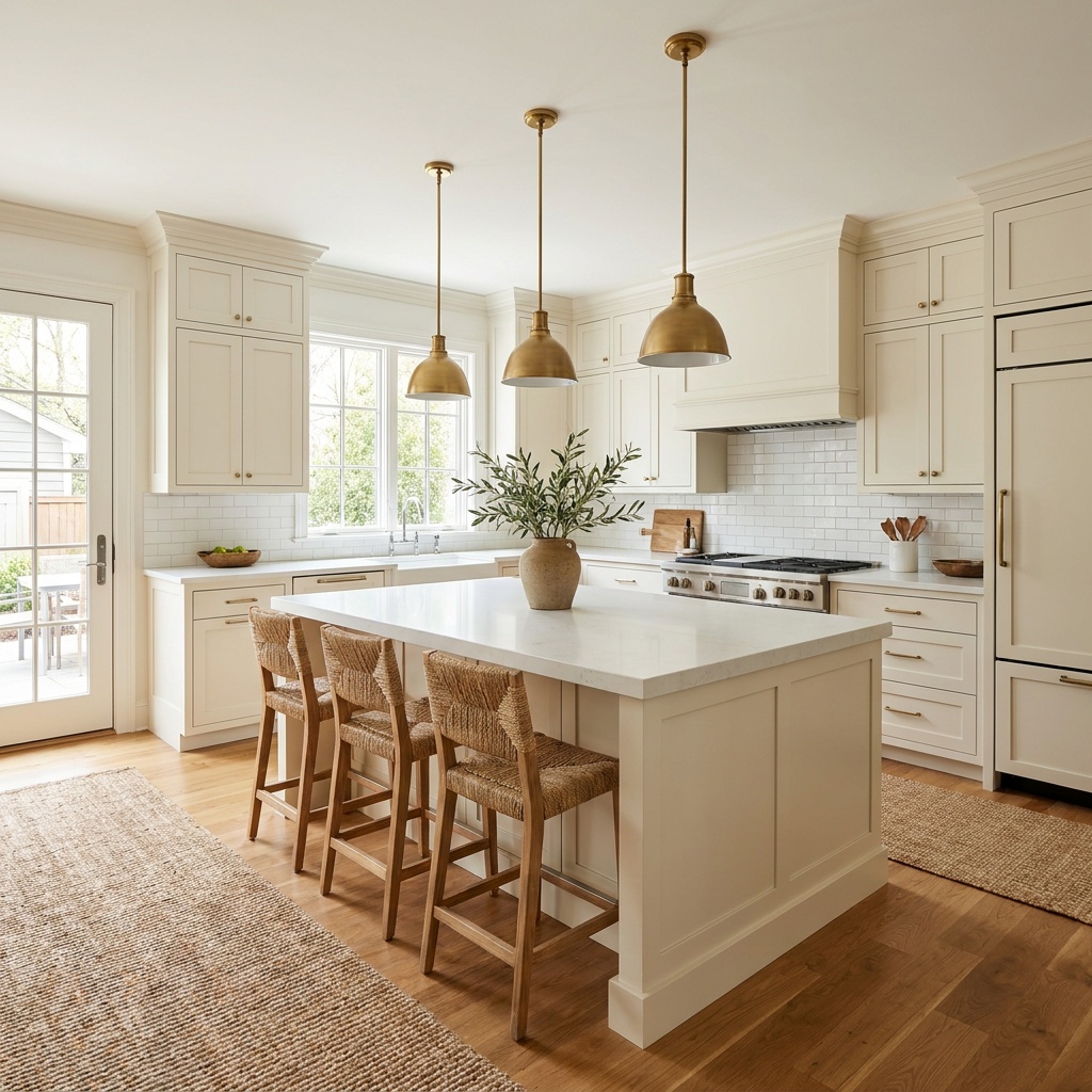 A finished remodeled kitchen with shaker cabinets, a quartz island, a tile backsplash, pendant lights and a warm hardwood flo