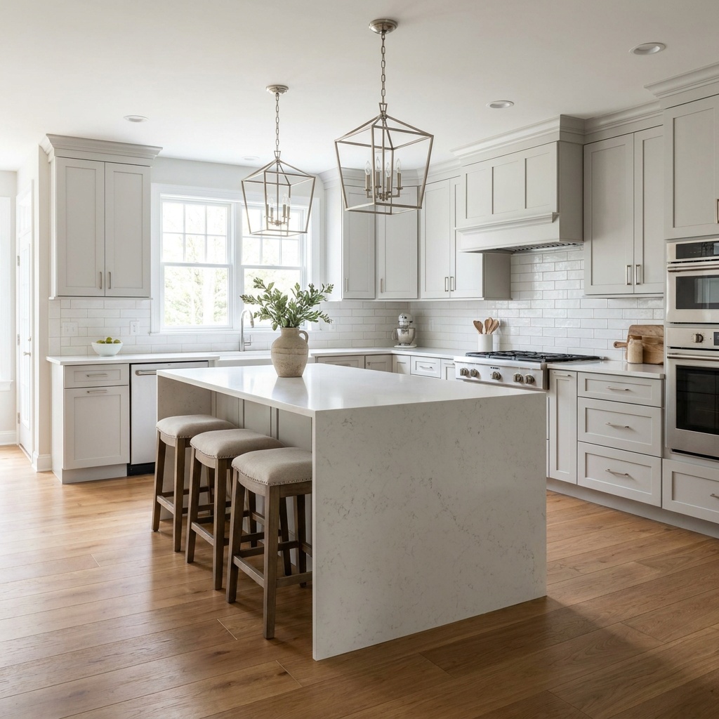 A finished remodeled kitchen with shaker cabinets, a quartz island, a tile backsplash, pendant lights and a warm hardwood flo