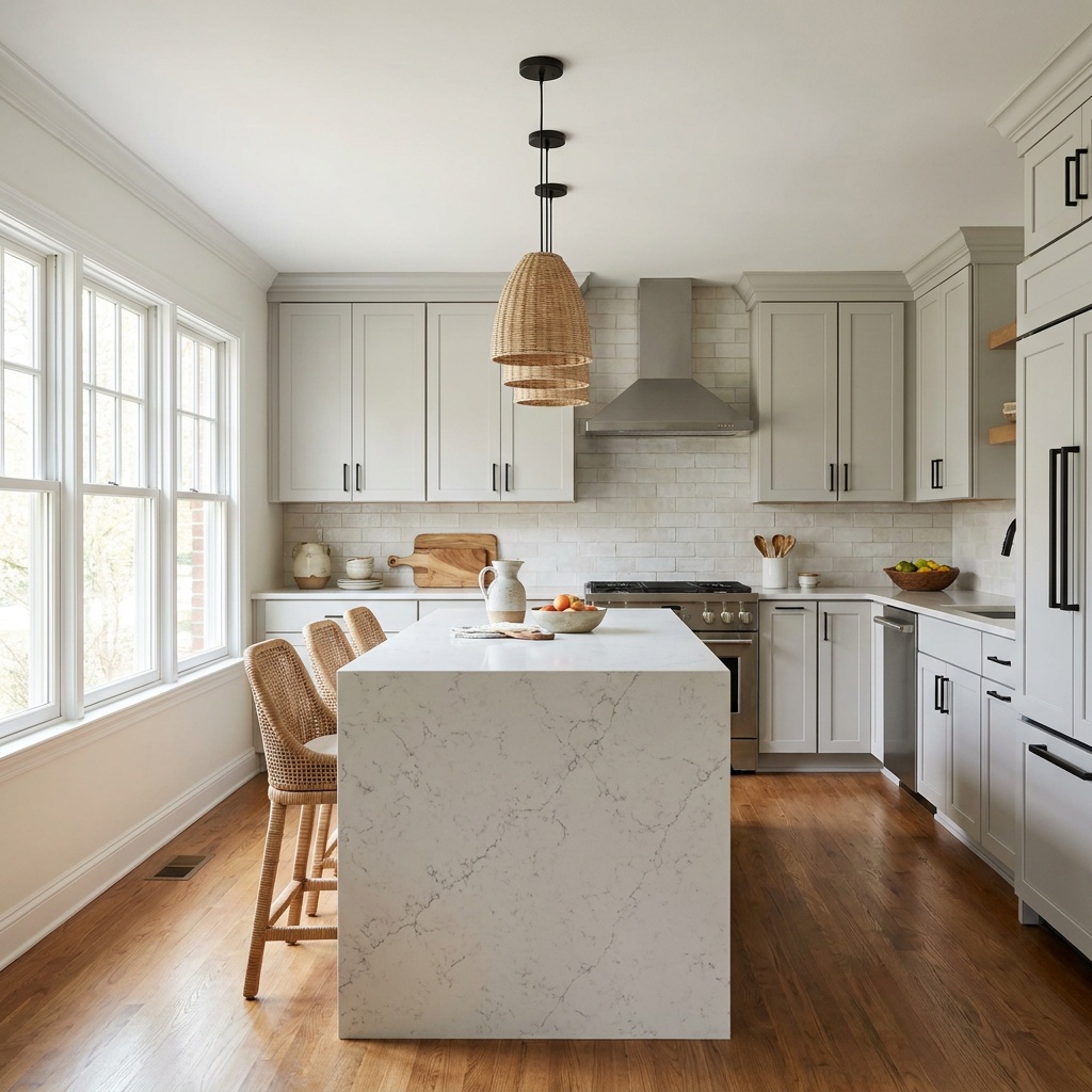 A finished remodeled kitchen with shaker cabinets, a quartz island, a tile backsplash, pendant lights and a warm hardwood flo