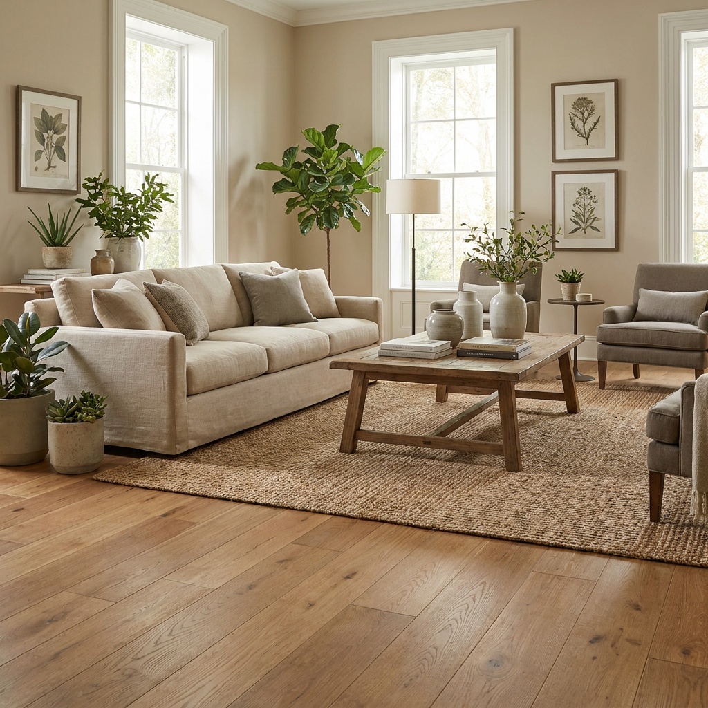 An elegant furnished living room with beautiful wide-plank hardwood or luxury vinyl plank flooring in a warm natural tone, su