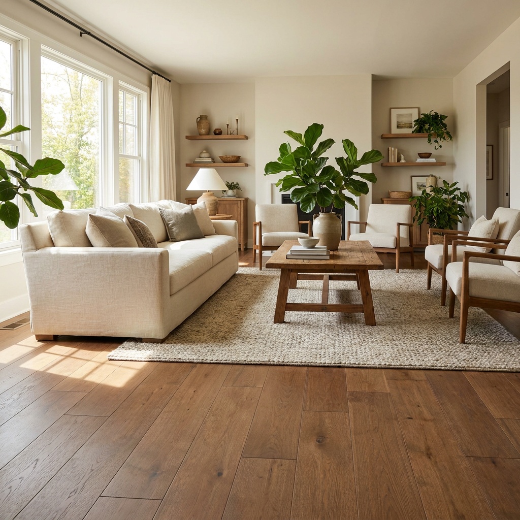 An elegant furnished living room with beautiful wide-plank hardwood or luxury vinyl plank flooring in a warm natural tone, su