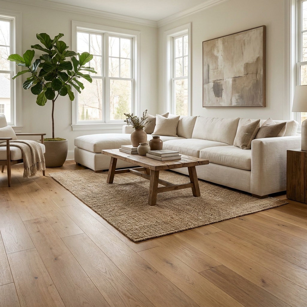 An elegant furnished living room with beautiful wide-plank hardwood or luxury vinyl plank flooring in a warm natural tone, su