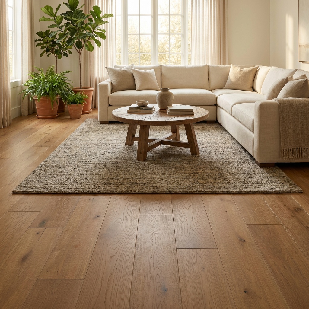 An elegant furnished living room with beautiful wide-plank hardwood or luxury vinyl plank flooring in a warm natural tone, su