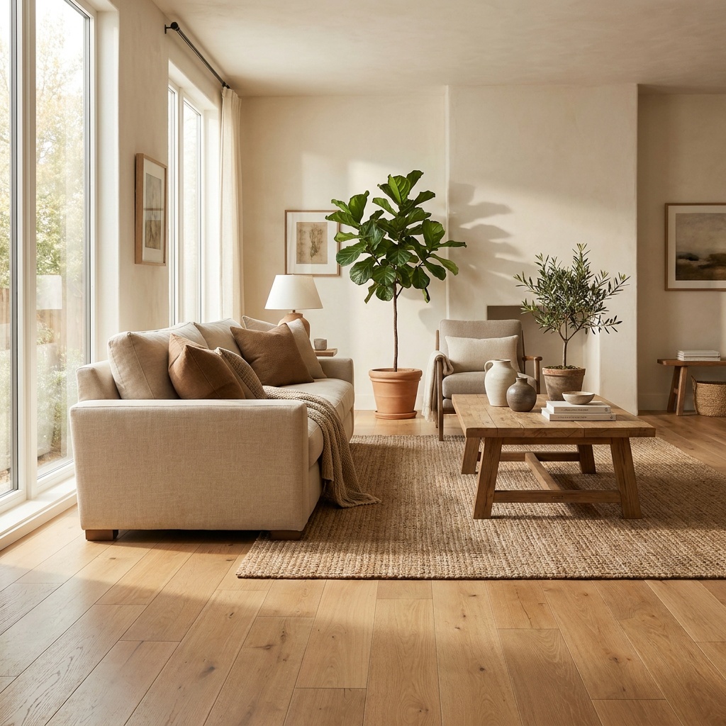 An elegant furnished living room with beautiful wide-plank hardwood or luxury vinyl plank flooring in a warm natural tone, su