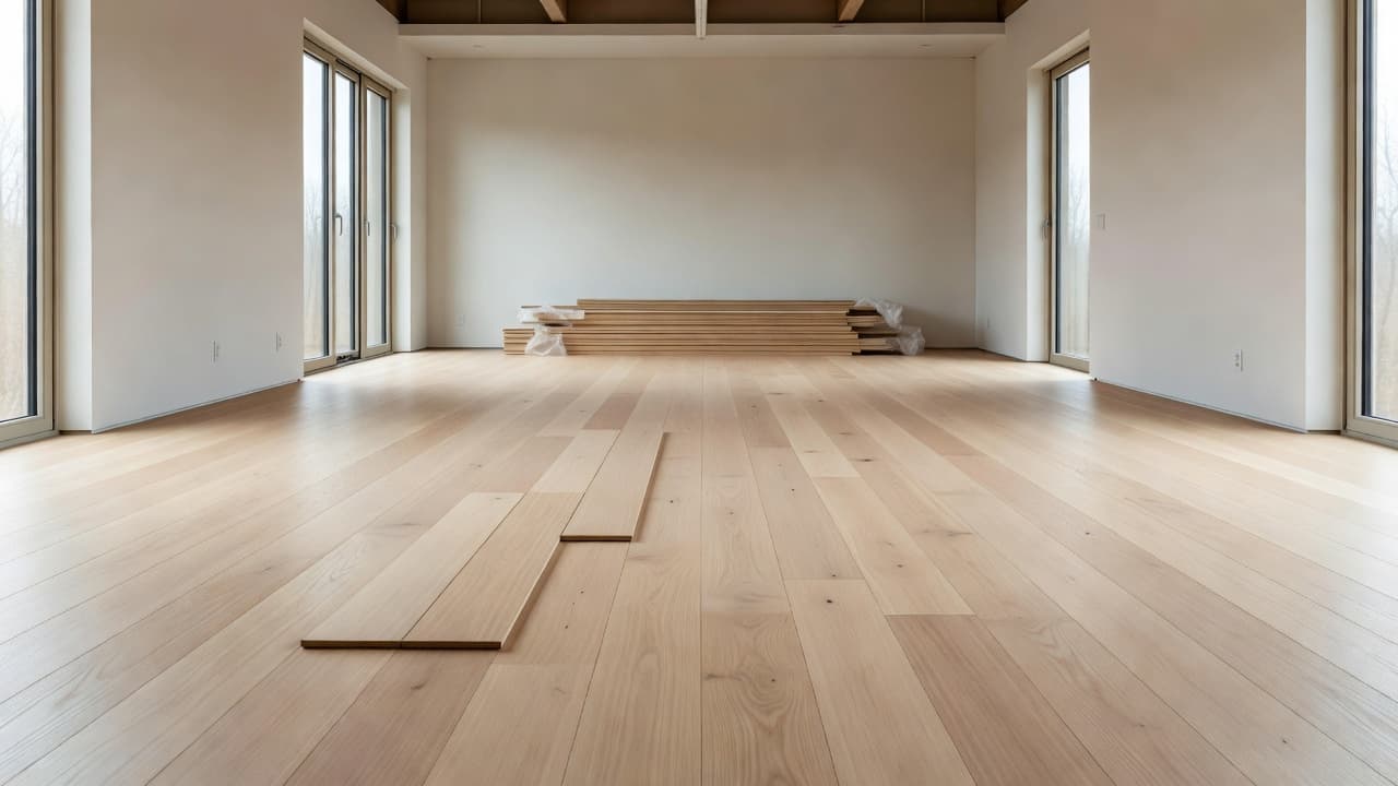 Bright, empty living room space featuring newly laid light-toned oak floorboards stretching across the frame. Soft natural sunlight streams through large windows, illuminating the smooth textures and clean architectural lines throughout.