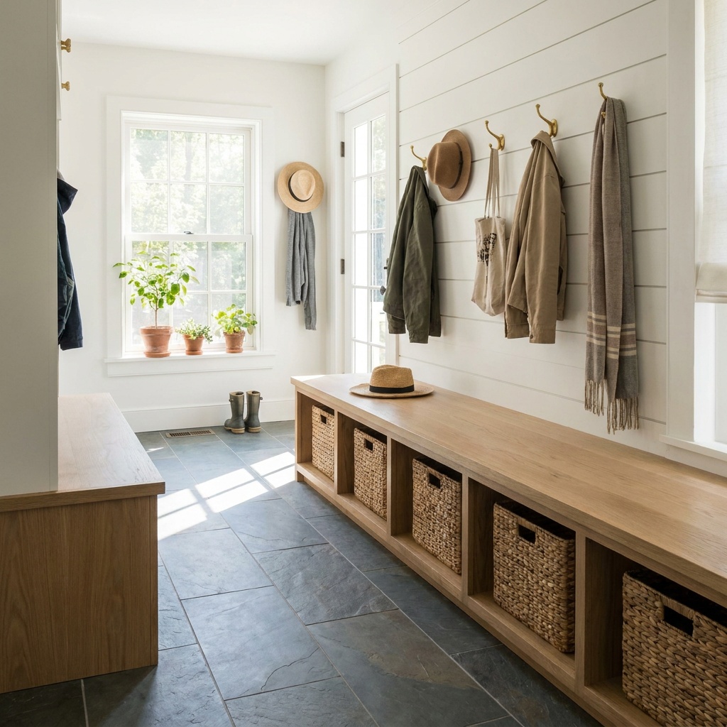 A finished mudroom with durable tile flooring, a built-in bench with cubbies and hooks, baskets, bright natural light — Cummi
