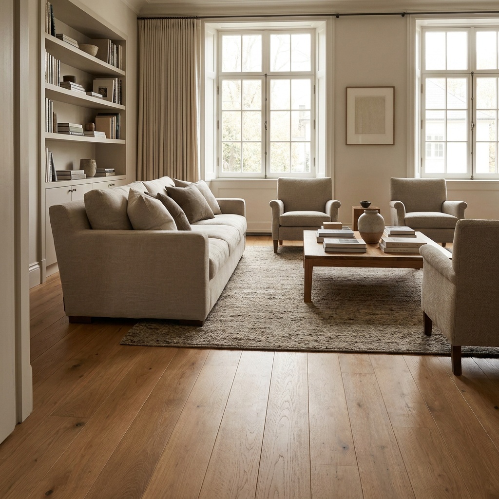 An elegant furnished living room with beautiful restored warm-toned hardwood flooring, subtle matte grain, a sofa, an area ru