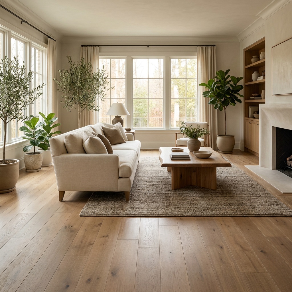 An elegant furnished living room with beautiful wide-plank hardwood or luxury vinyl plank flooring in a warm natural tone, su