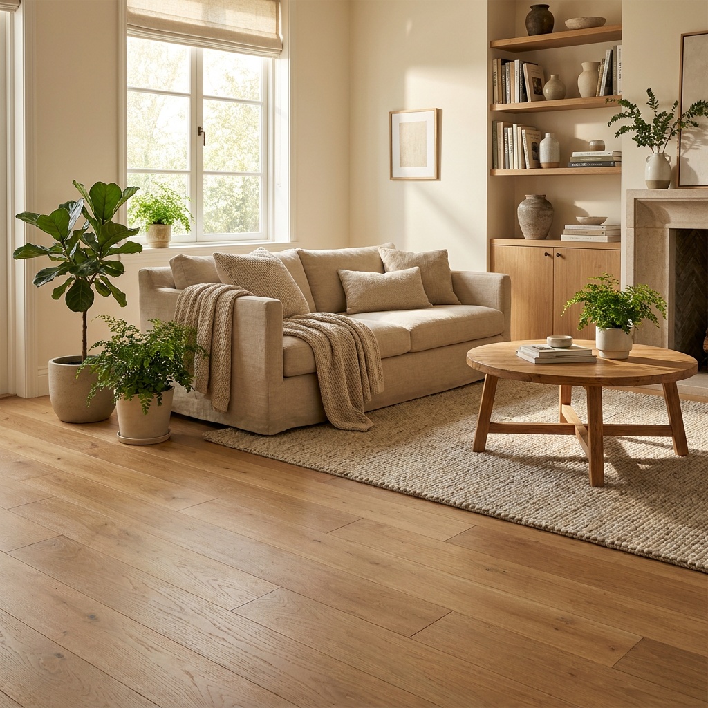An elegant furnished living room with beautiful wide-plank hardwood or luxury vinyl plank flooring in a warm natural tone, su