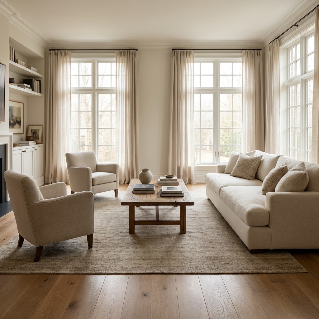 An elegant furnished living room with beautiful restored warm-toned hardwood flooring, subtle matte grain, a sofa, an area ru