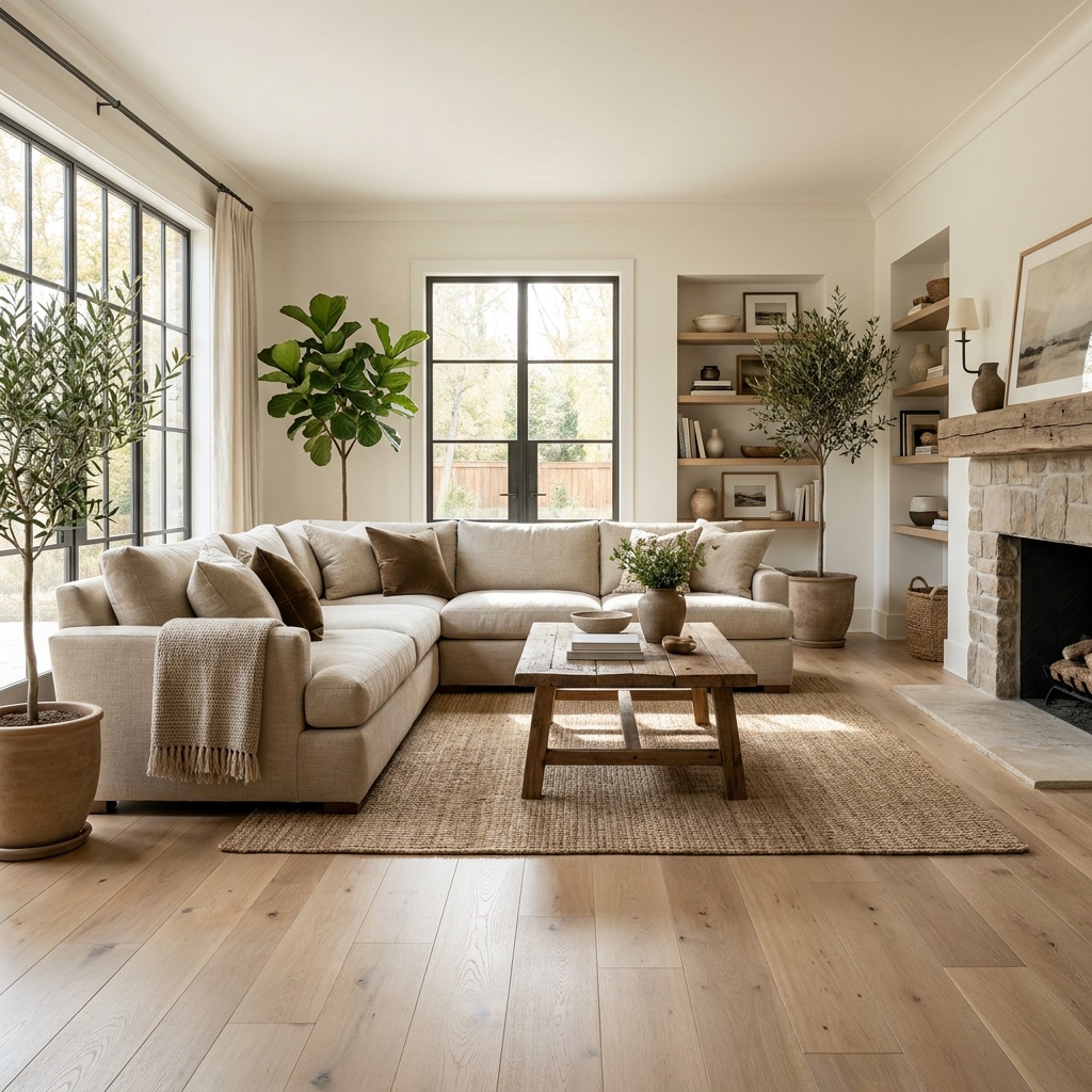An elegant furnished living room with beautiful wide-plank hardwood or luxury vinyl plank flooring in a warm natural tone, su