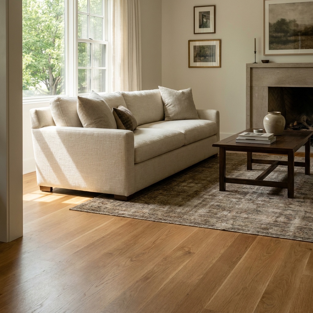 An elegant furnished living room with beautifully refinished hardwood flooring in a warm natural tone, subtle matte grain, a