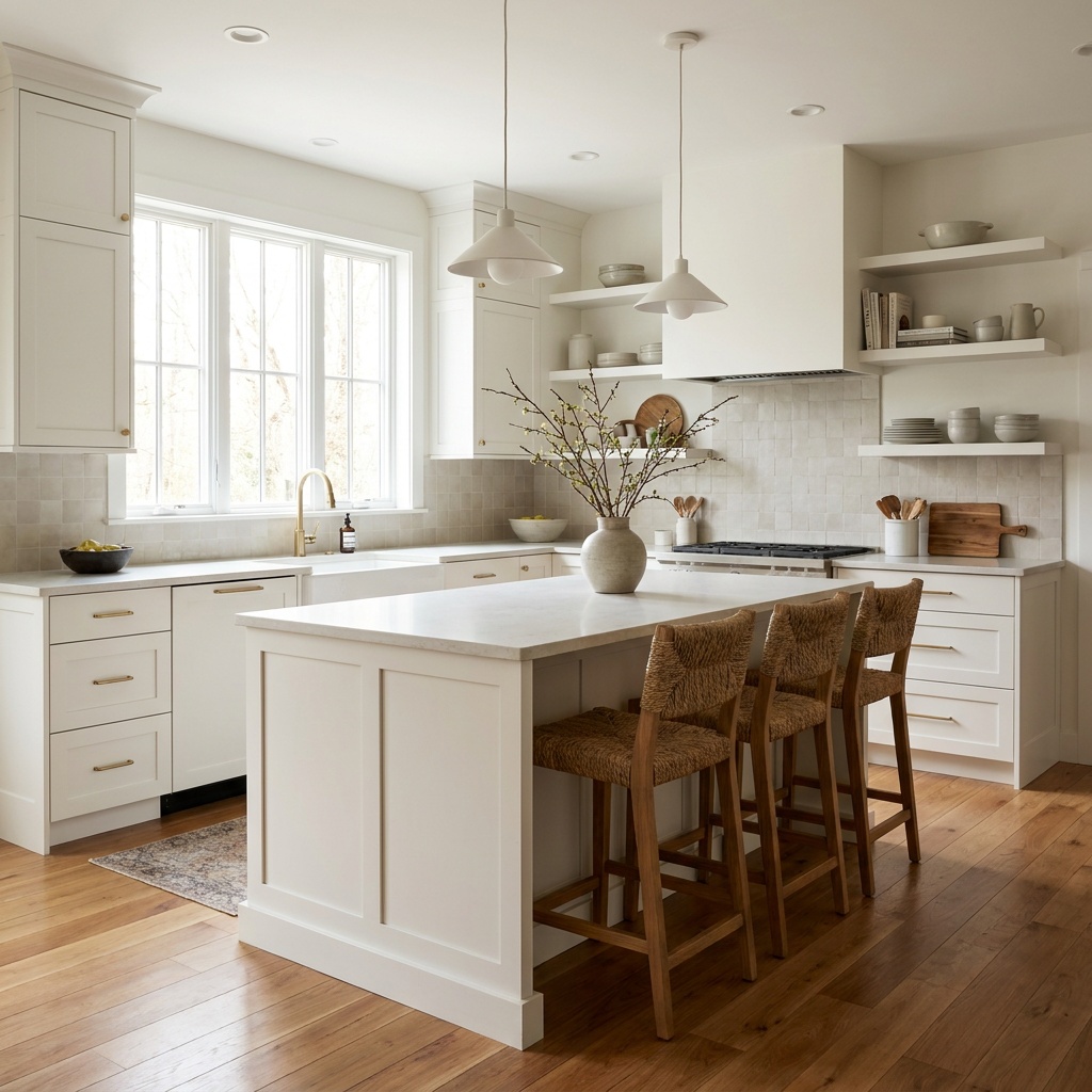 A bright kitchen with warm hardwood flooring, white shaker cabinets and an island, natural light — Cumming, GA
