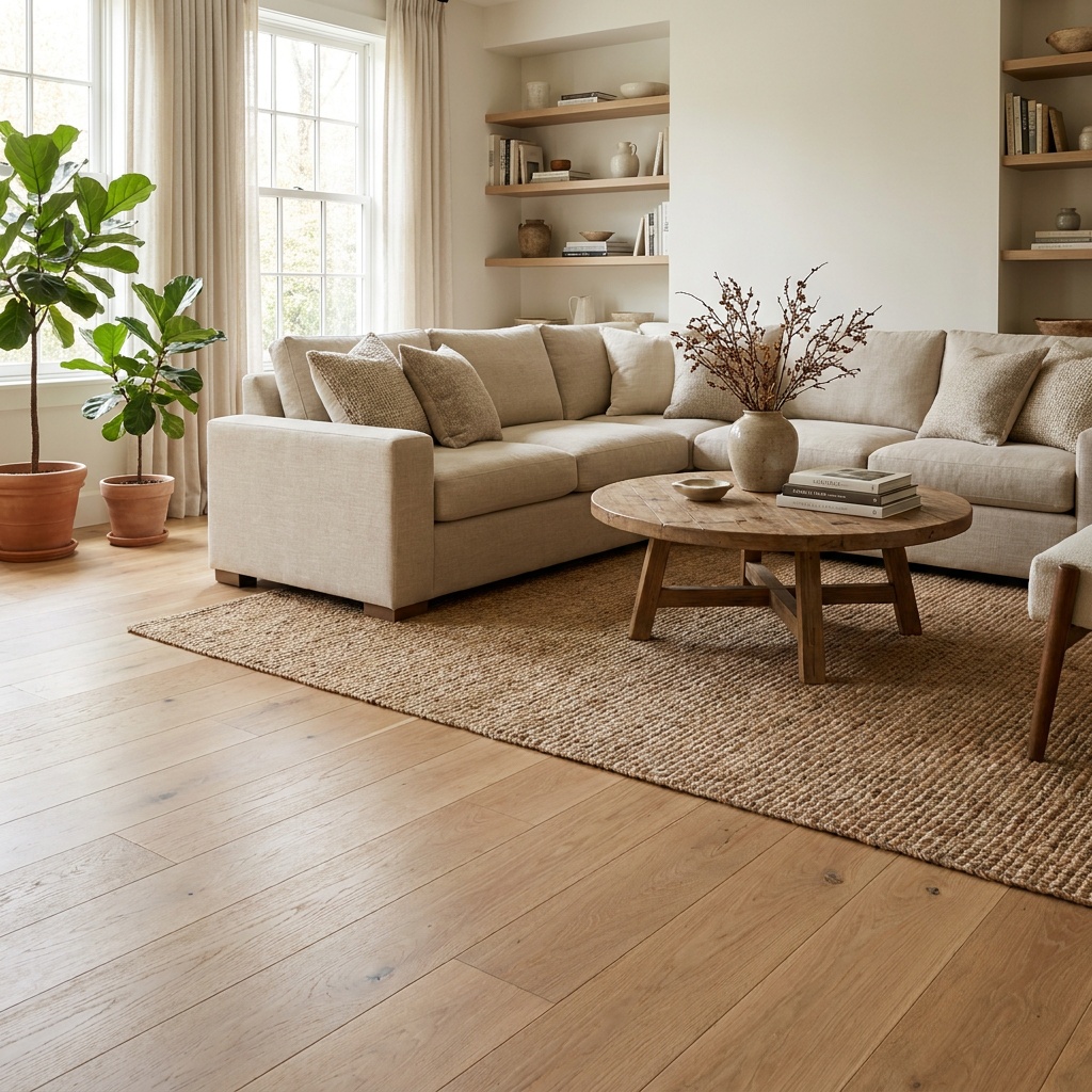 An elegant furnished living room with beautiful wide-plank hardwood or luxury vinyl plank flooring in a warm natural tone, su