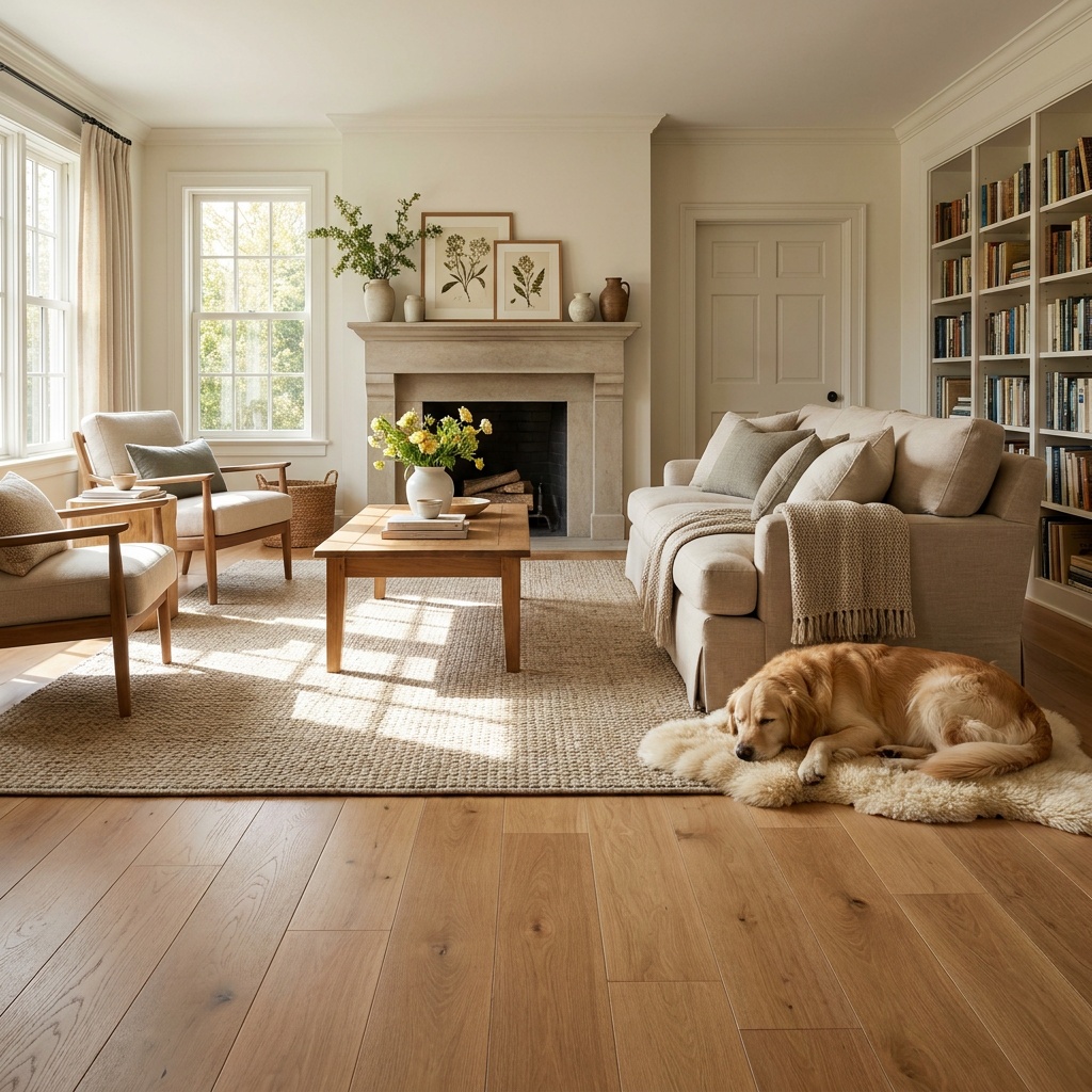 An elegant furnished living room with freshly refinished warm-toned hardwood flooring restored to like-new, subtle matte grai