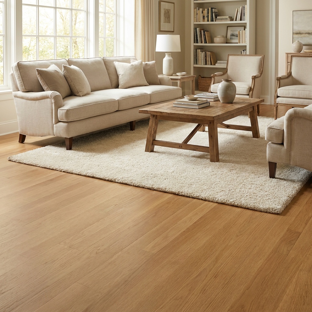 A sunlit living room with matte, satin-finish honey-oak hardwood floors showing subtle natural grain, a plush area rug, a uph