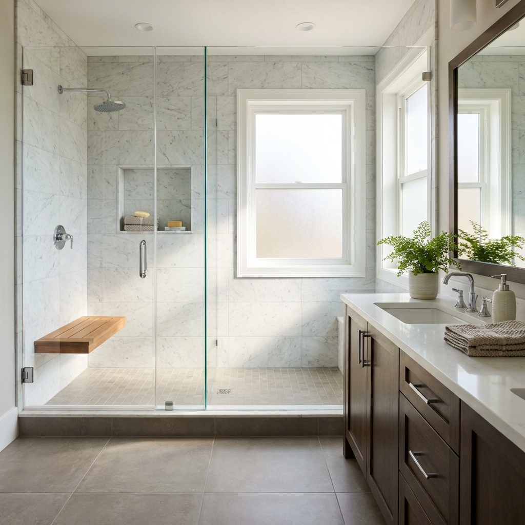 A finished elegant modern bathroom with a glass walk-in shower, marble tile walls, a rainfall showerhead, control valve and n