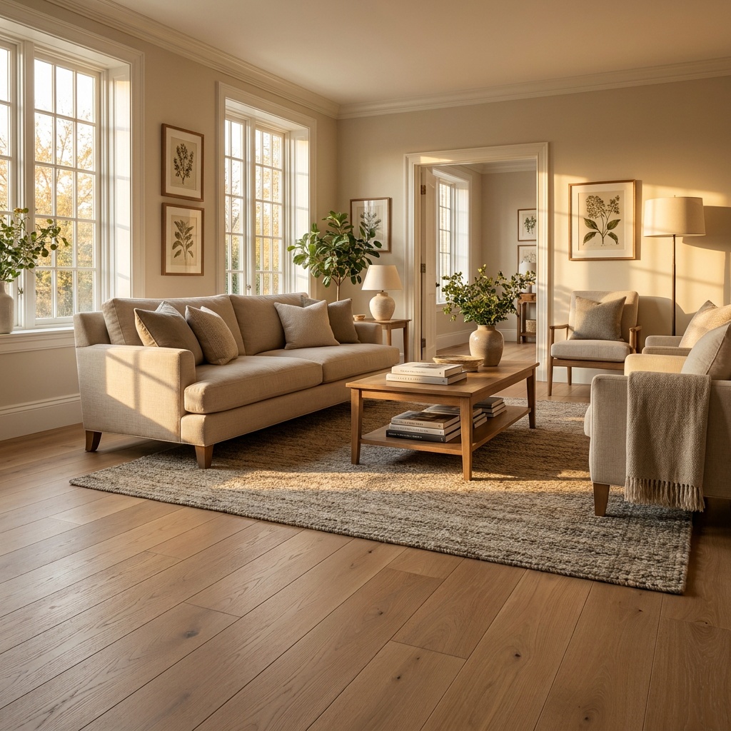 A sunlit furnished living room with wide matte hardwood floor planks showing subtle natural grain, a neutral sofa, area rug,