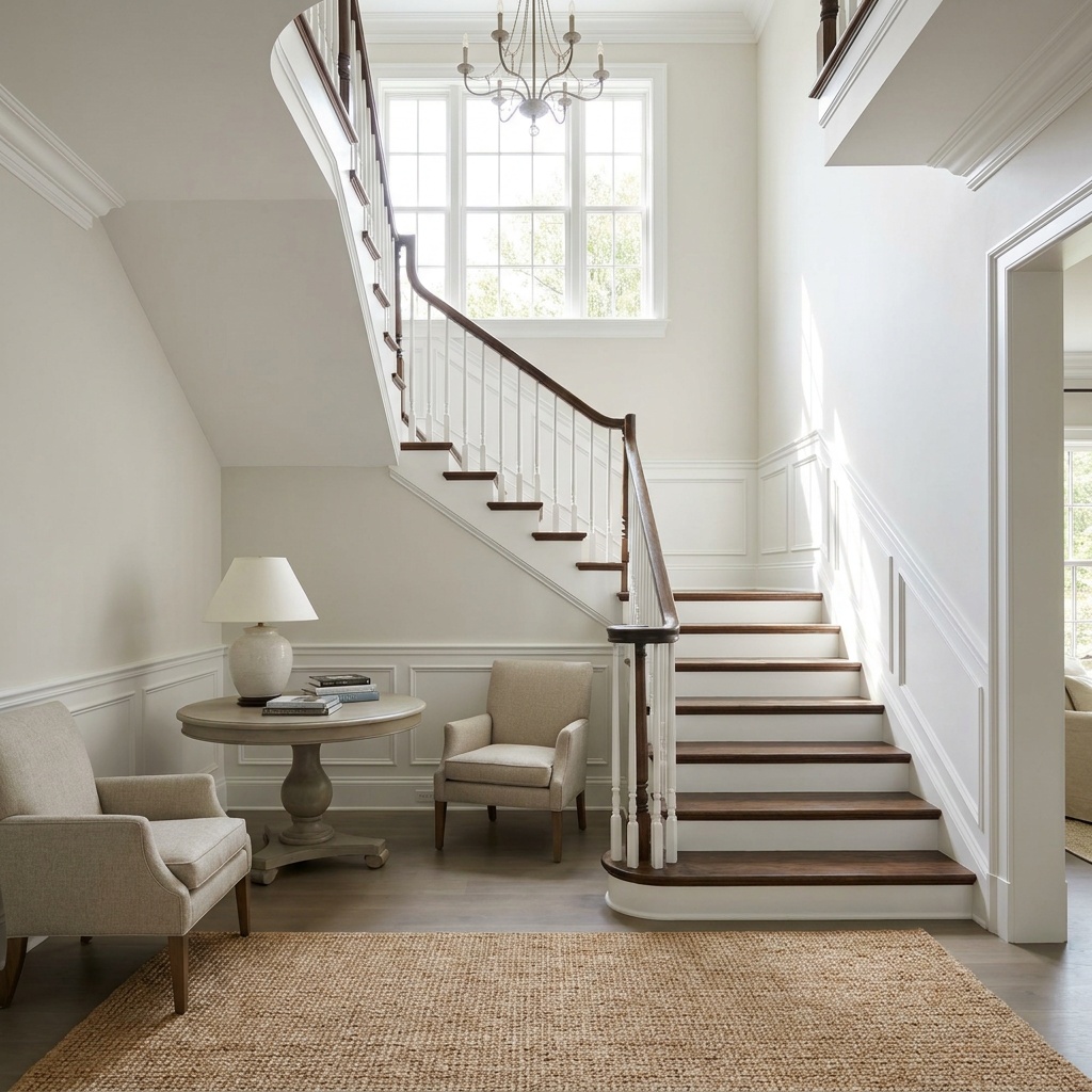 An elegant staircase with solid hardwood treads, crisp white risers and a wood handrail in a bright two-story foyer — Cumming