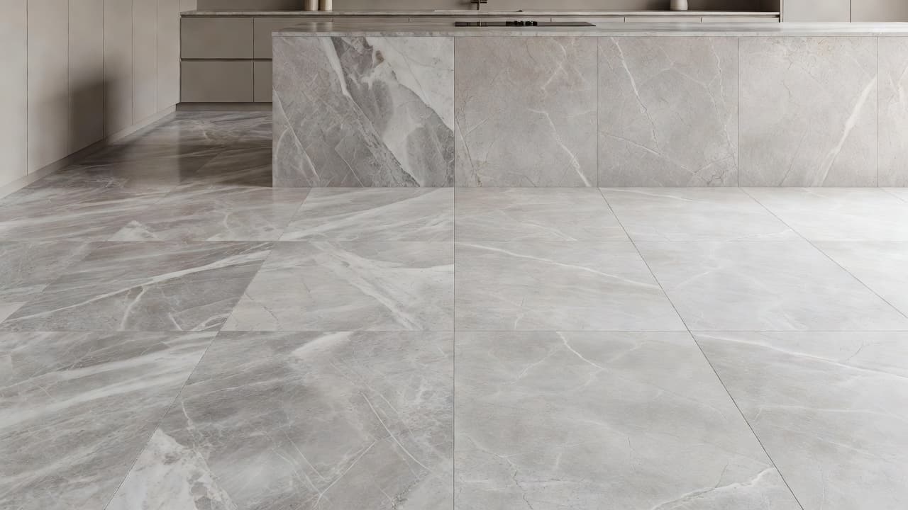 A split image showing natural marble floor tiles next to realistic stone-look porcelain tiles.