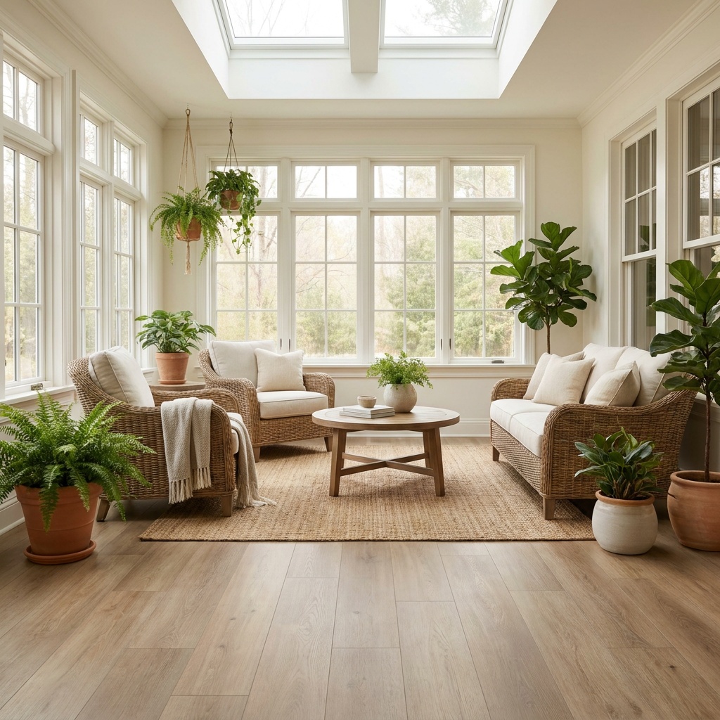 A bright sunroom with durable luxury vinyl plank flooring, wicker furniture, plants and abundant natural light — Cumming, GA
