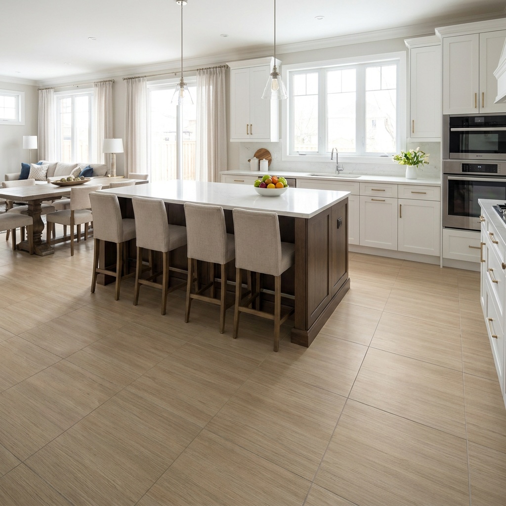 A finished bright open kitchen with large-format porcelain tile flooring laid flat and even, white cabinets and an island, na