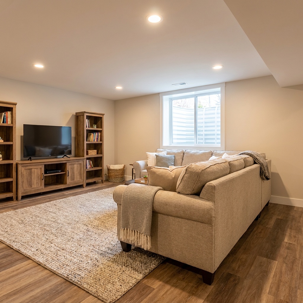 A finished cozy basement living space with warm luxury vinyl plank flooring, a sofa, an area rug and recessed lighting — Cumm