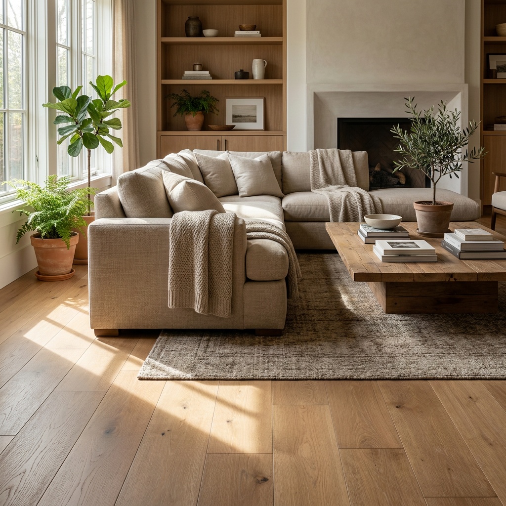 An elegant furnished living room with beautiful wide-plank hardwood or luxury vinyl plank flooring in a warm natural tone, su