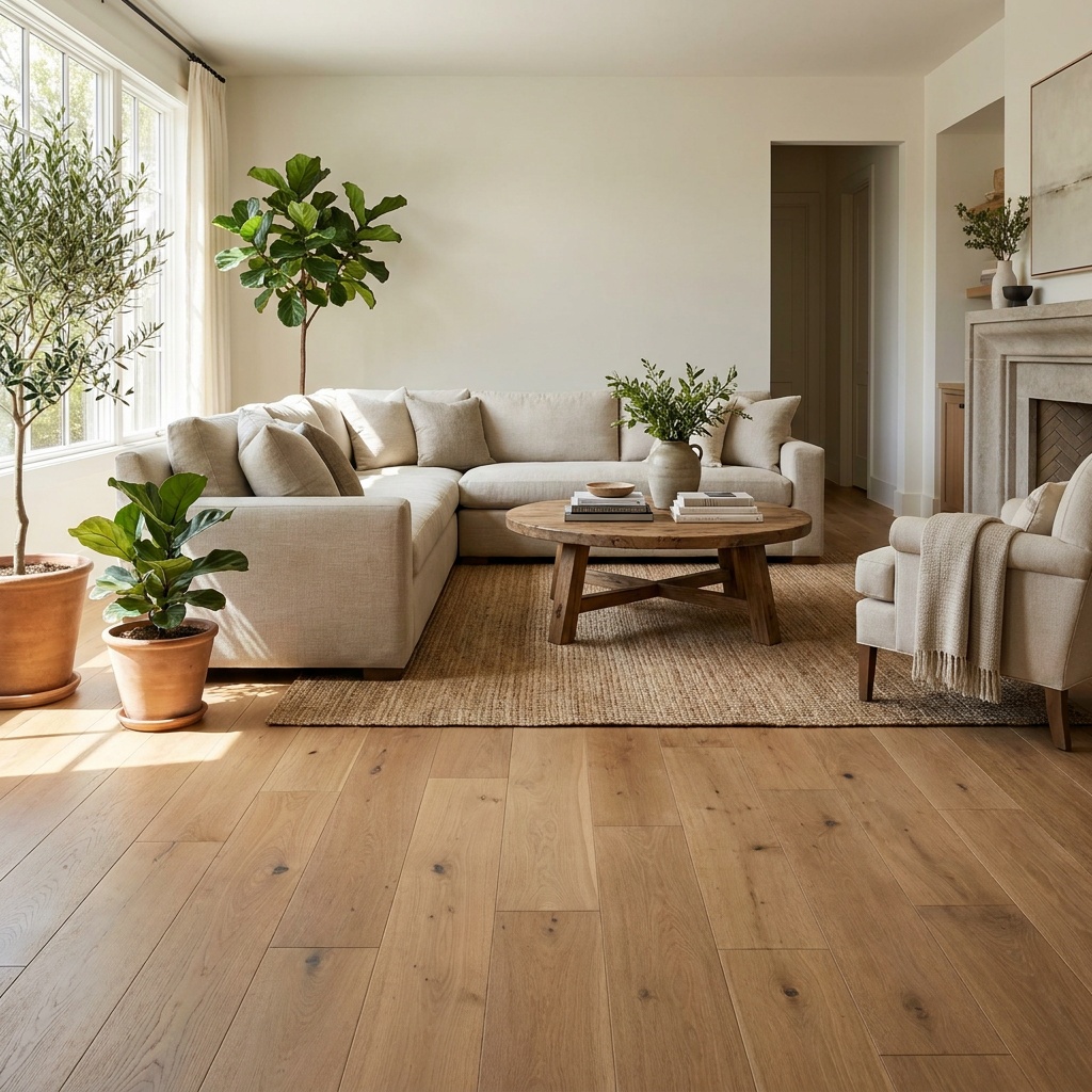 An elegant furnished living room with beautiful wide-plank hardwood or luxury vinyl plank flooring in a warm natural tone, su
