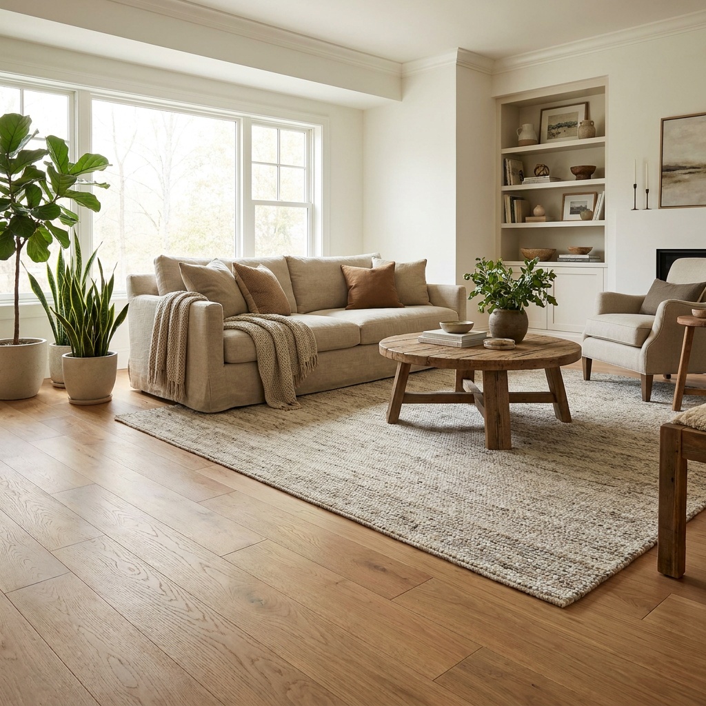 An elegant furnished living room with beautiful wide-plank hardwood or luxury vinyl plank flooring in a warm natural tone, su