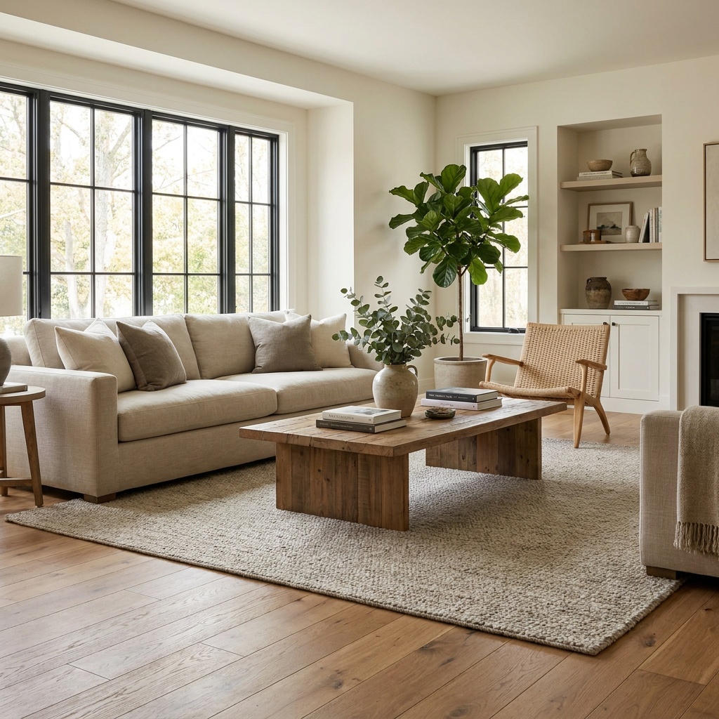 An elegant furnished living room with beautiful wide-plank hardwood or luxury vinyl plank flooring in a warm natural tone, su