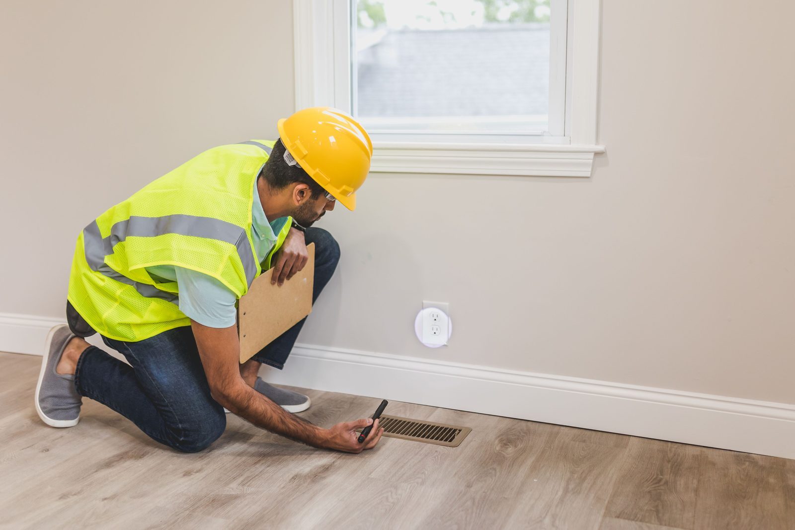 A construction worker inspects a floor vent during an interior renovation