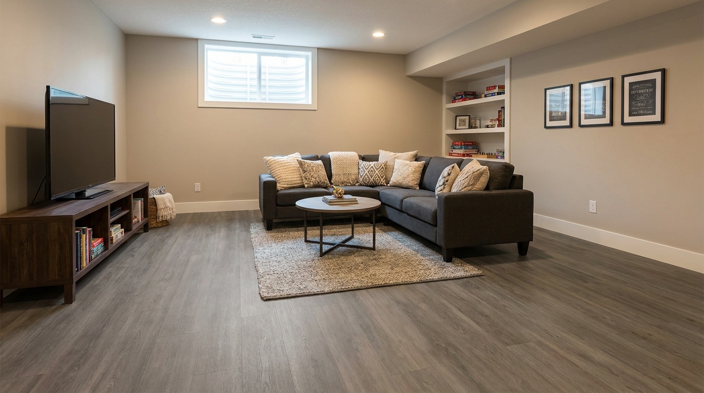Finished basement rec room with moisture-tested luxury vinyl plank flooring and warm lighting
