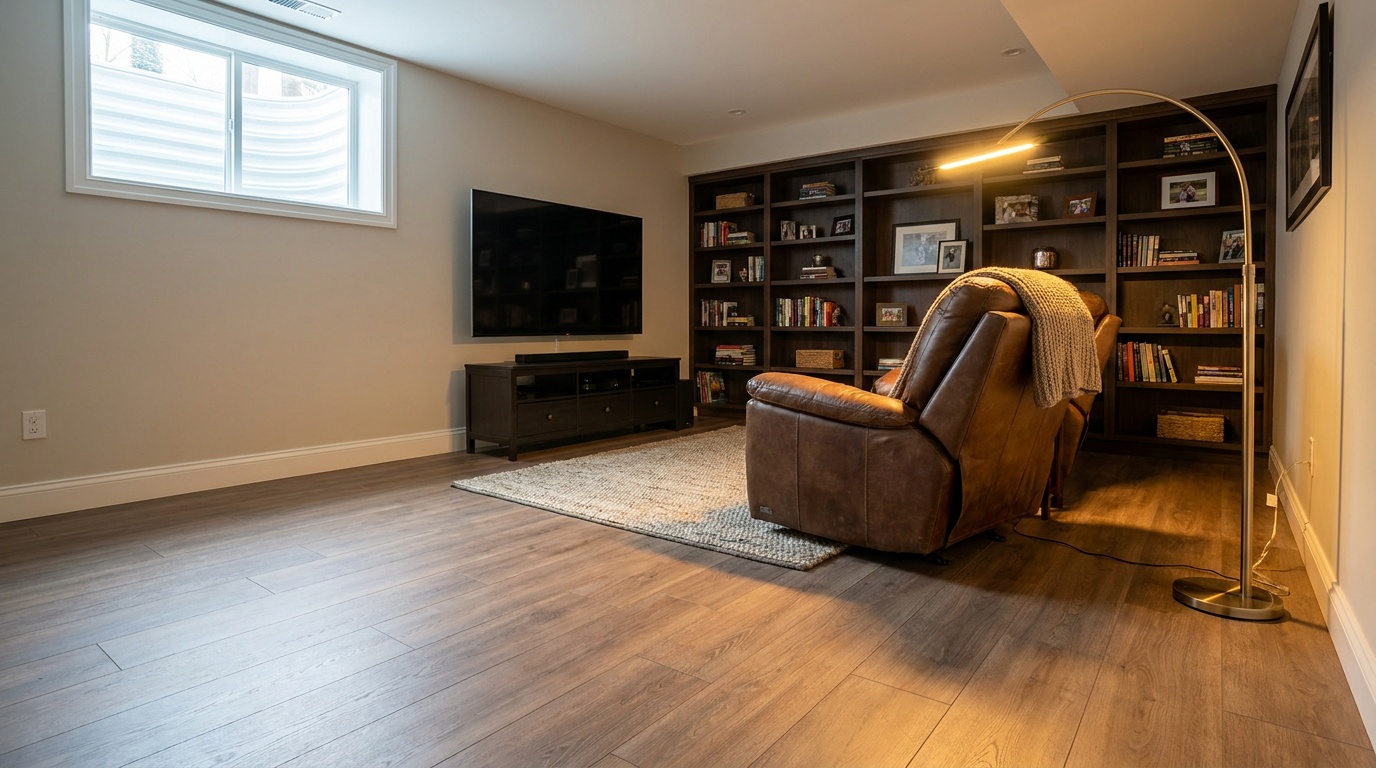 Basement media room finished with engineered hardwood flooring over a vapor barrier