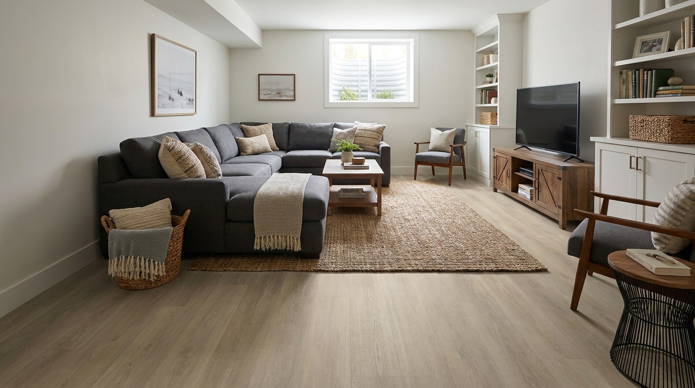 A finished, furnished basement family room with matte light-toned luxury vinyl plank flooring in a subtle wood-grain pattern,