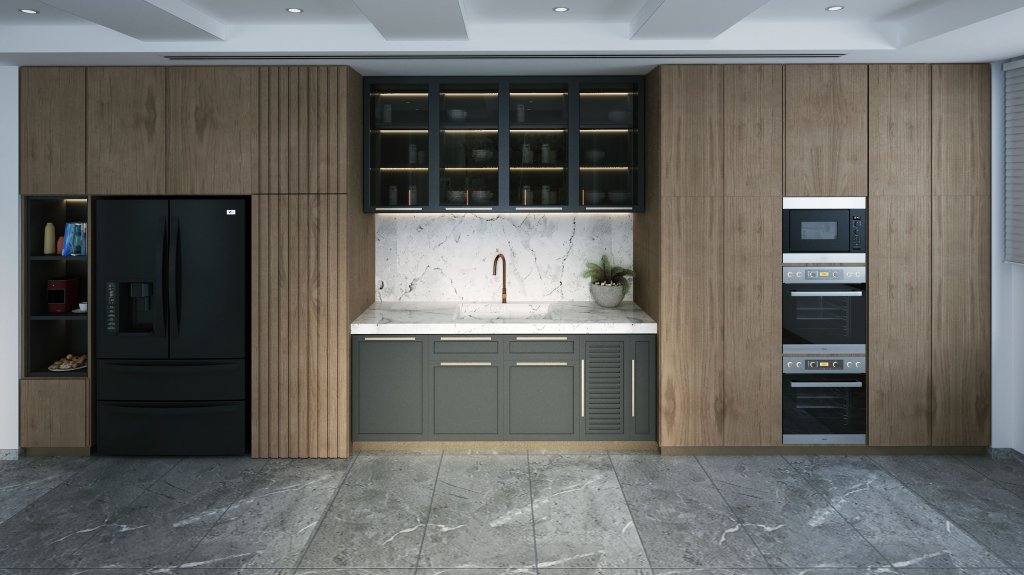 Contemporary kitchen design with wood cabinets, marble countertop, and stainless steel appliances.
