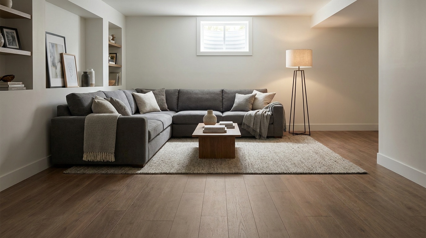 Finished basement with engineered hardwood flooring and a sectional sofa under a small window