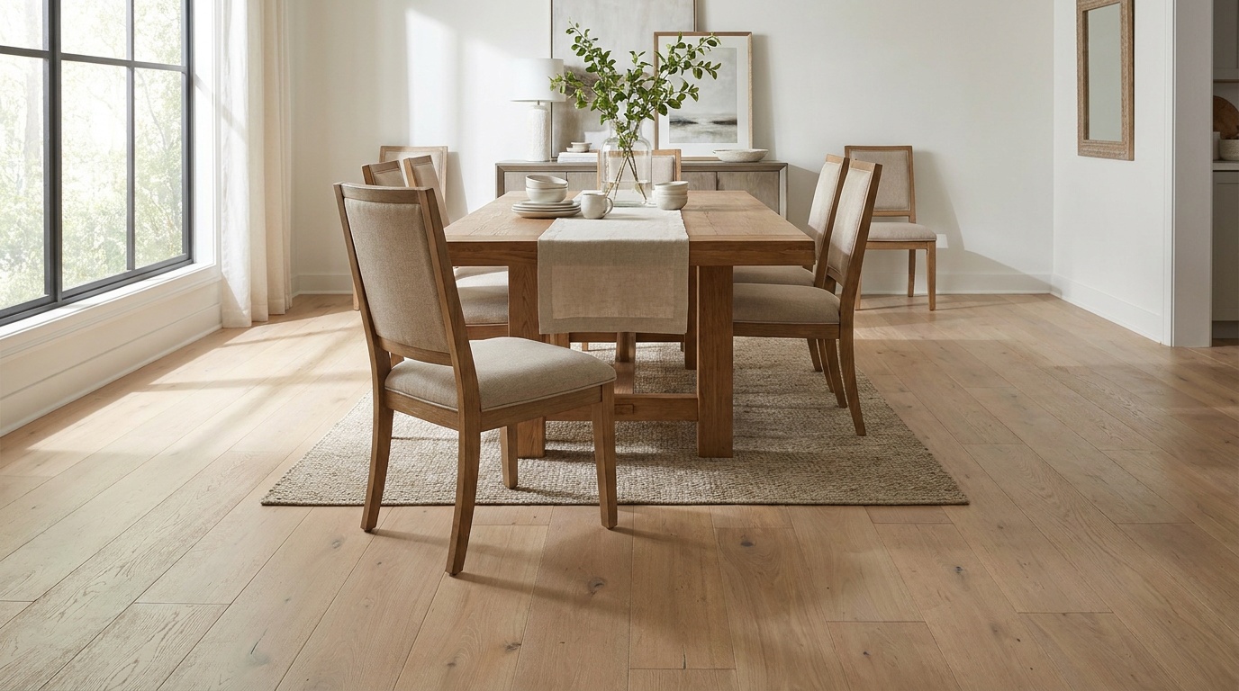Dining room with solid hardwood flooring in a light oak tone and a wood table