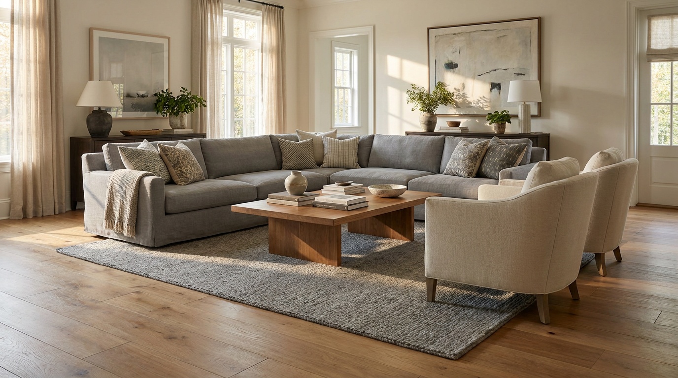 A furnished living room with wide-plank solid hardwood floor in a warm honey tone, matte finish, soft afternoon light through