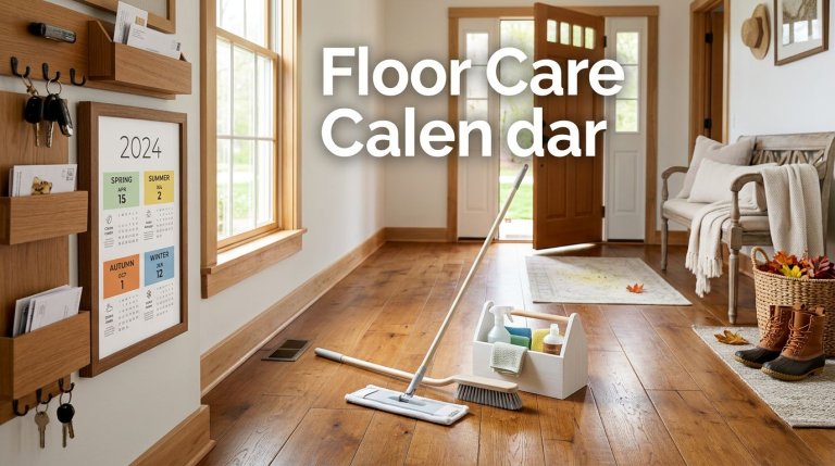 Bright entryway with hardwood floors, a seasonal calendar, mop, brush, and cleaning supplies.