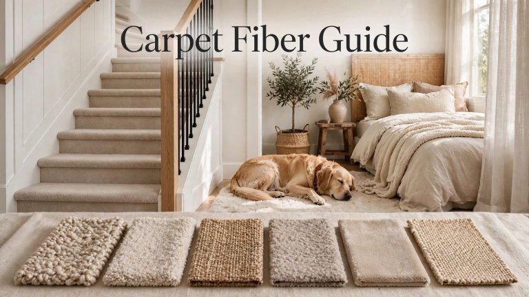 Carpet swatches displayed in a warm home with stairs, a bedroom corner, and a resting dog.