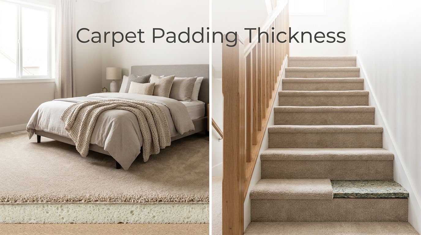 Bedroom carpet with soft padding beside stairs using a thinner, firmer pad.