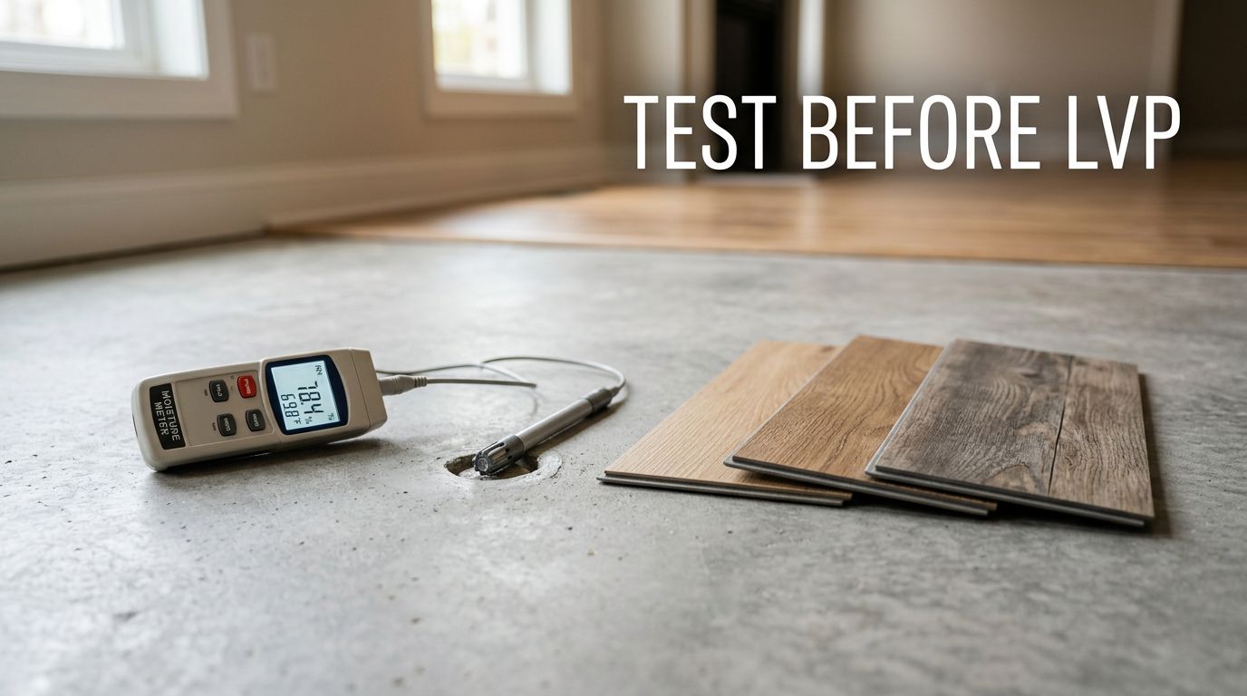 A moisture probe, digital meter, and LVP samples rest on a concrete subfloor.