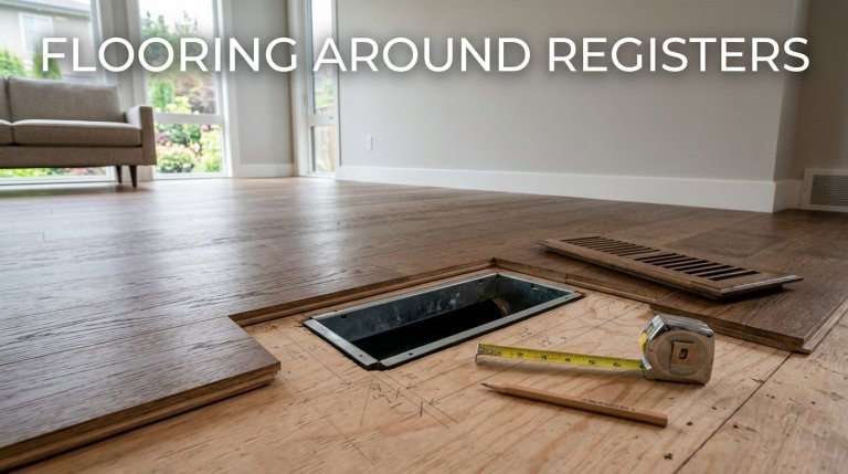 Wood flooring is fitted around an exposed rectangular floor register with tools nearby.