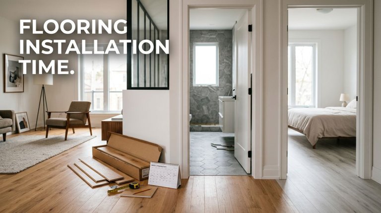 Modern home showing hardwood, tile, and laminate floors with installation materials nearby.