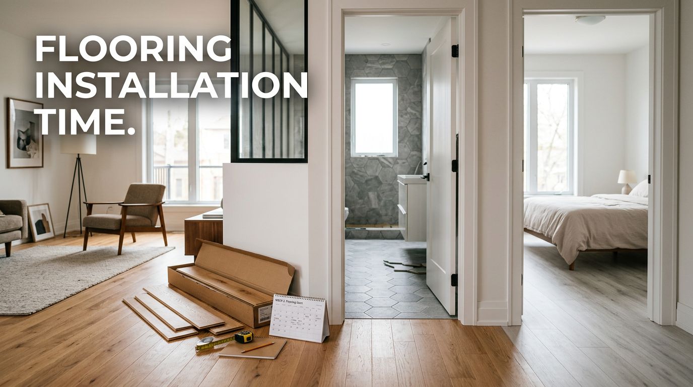 Modern home showing hardwood, tile, and laminate floors with installation materials nearby.