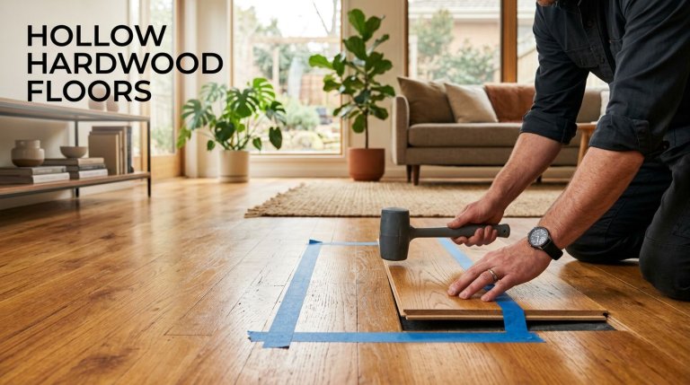 A contractor taps a taped hardwood plank above a small gap.