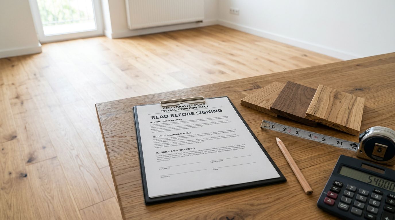 Contract and flooring tools arranged on a table beside new hardwood flooring.